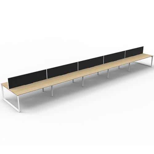 Elite Loop Leg 10-Way Desk Pod, Natural Oak Desk Tops, White Under Frame, with Black Screen Dividers