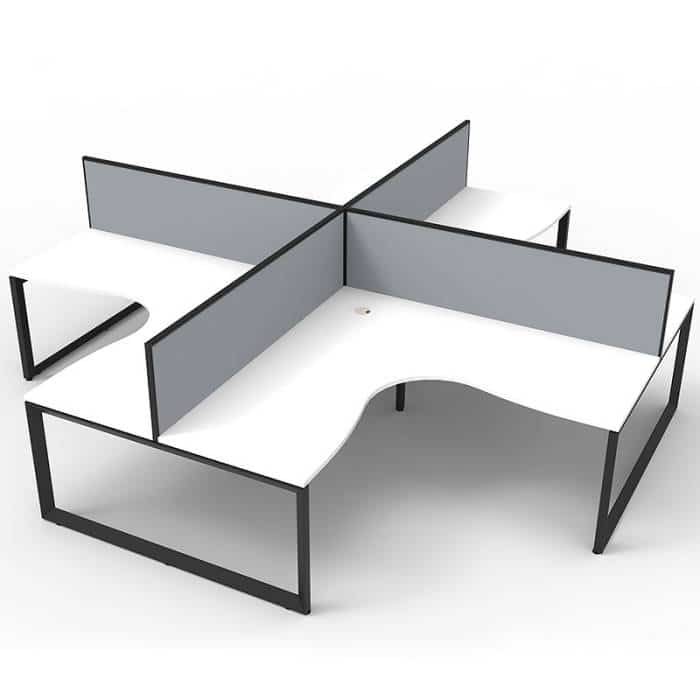 Elite Loop Leg 4-Way Corner Workstation, Natural White Desk Tops, Black Under Frames, with Grey Screen Dividers