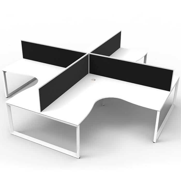 Elite Loop Leg 4-Way Corner Workstation, Natural White Desk Tops, White Under Frames, with Black Screen Dividers