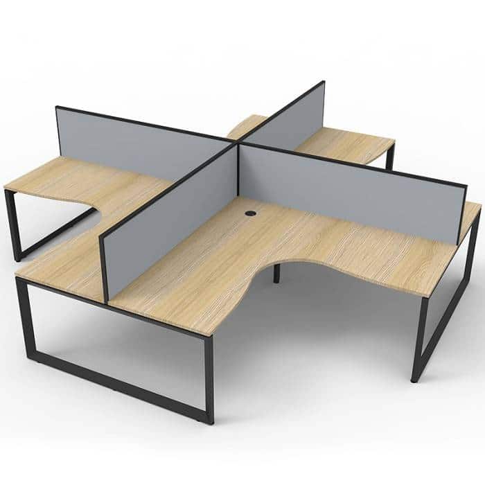 Elite Loop Leg 4-Way Corner Workstation, Natural Oak Desk Tops, Black Under Frames, with Grey Screen Dividers