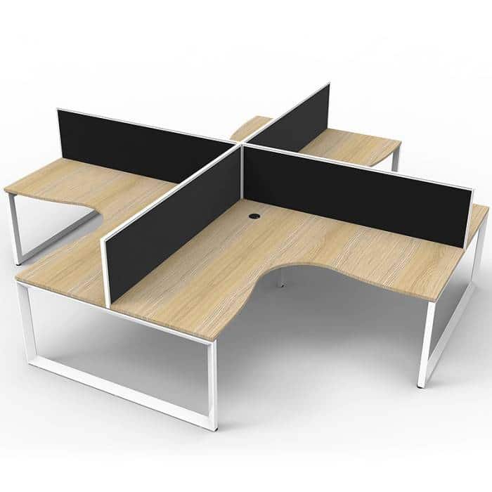Elite Loop Leg 4-Way Corner Workstation, Natural Oak Desk Tops, White Under Frames, with Black Screen Dividers