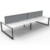 Elite Loop Leg 4-Way Desk Pod, Natural White Desk Tops, Black Under Frame, with Grey Screen Dividers