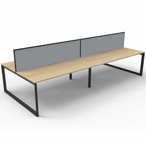 Elite Loop Leg 4-Way Desk Pod, Natural Oak Desk Tops, Black Under Frame, with Grey Screen Dividers