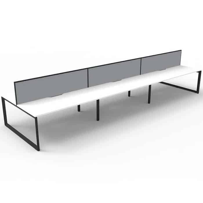 Elite Loop Leg 6-Way Desk Pod, Natural White Desk Tops, Black Under Frame, with Grey Screen Dividers