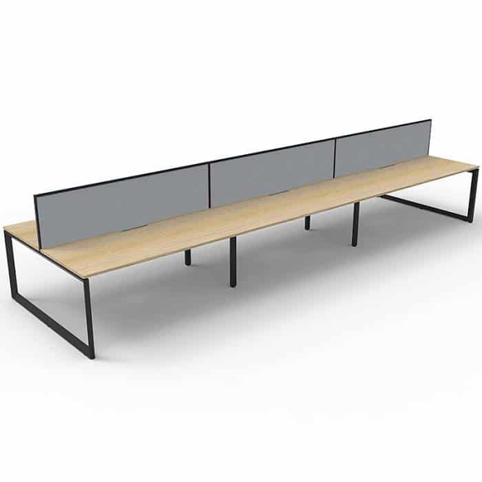 Elite Loop Leg 6-Way Desk Pod, Natural Oak Desk Tops, Black Under Frame, with Grey Screen Dividers