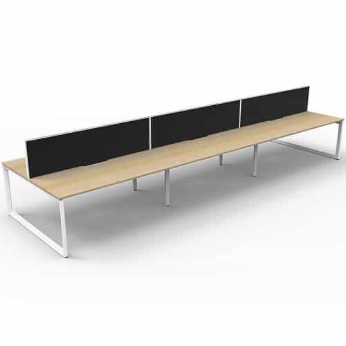 Elite Loop Leg 6-Way Desk Pod, Natural Oak Desk Tops, White Under Frame, with Black Screen Dividers