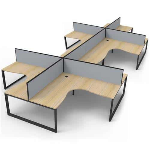 Elite Loop Leg 8-Way Corner Workstation, Natural Oak Desk Tops, Black Under Frames, with Grey Screen Dividers