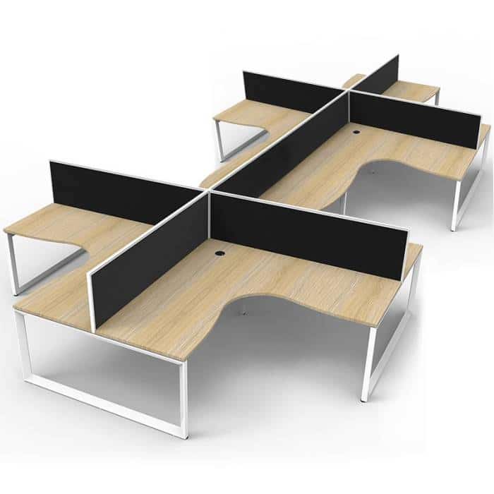 Elite Loop Leg 8-Way Corner Workstation, Natural Oak Desk Tops, White Under Frames, with Black Screen Dividers