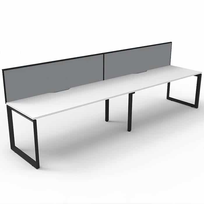 Elite Loop Leg Desk, 2 Person In-Line, Natural White Desk Tops, Black Under Frame, with Grey Screen Dividers