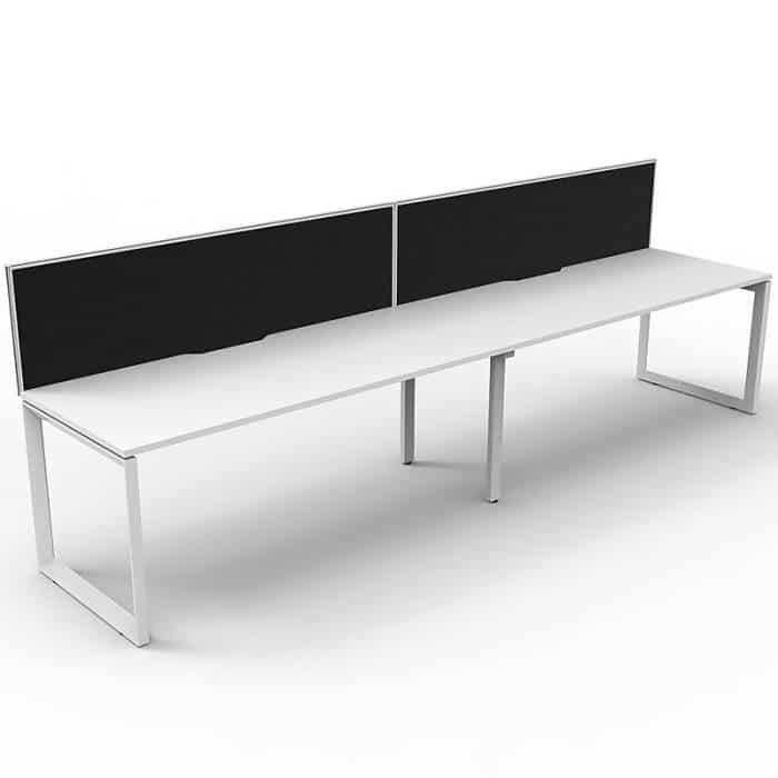 Elite Loop Leg Desk, 2 Person In-Line, Natural White Desk Tops, White Under Frame, with Black Screen Dividers