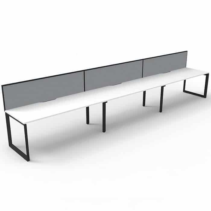 Elite Loop Leg Desk, 3 Person In-Line, Natural White Desk Tops, Black Under Frame, with Grey Screen Dividers