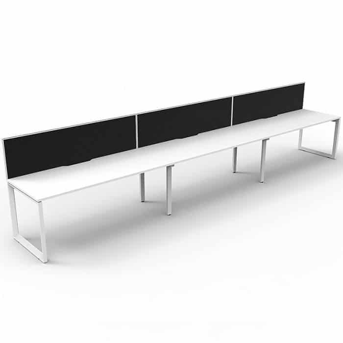 Elite Loop Leg Desk, 3 Person In-Line, Natural White Desk Tops, White Under Frame, with Black Screen Dividers