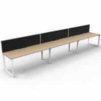 Elite Loop Leg Desk, 3 Person In-Line, Natural Oak Desk Tops, White Under Frame, with Black Screen Dividers