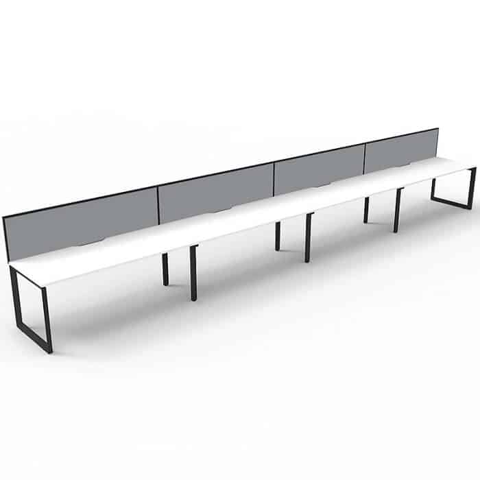 Elite Loop Leg Desk, 4 Person In-Line, Natural White Desk Tops, Black Under Frame, with Grey Screen Dividers