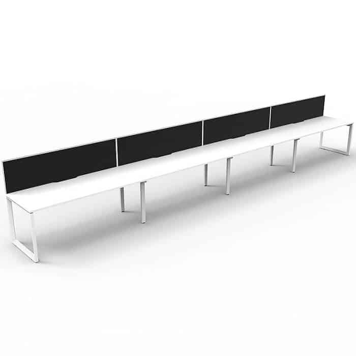 Elite Loop Leg Desk, 4 Person In-Line, Natural White Desk Tops, White Under Frame, with Black Screen Dividers