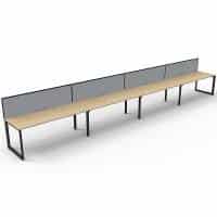 Elite Loop Leg Desk, 4 Person In-Line, Natural Oak Desk Tops, Black Under Frame, with Grey Screen Dividers