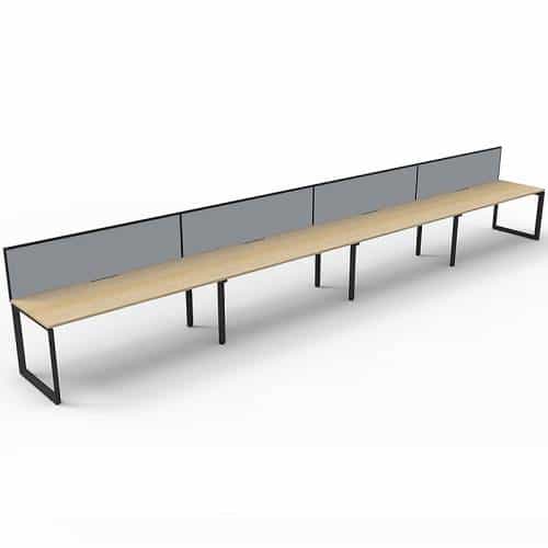 Elite Loop Leg Desk, 4 Person In-Line, Natural Oak Desk Tops, Black Under Frame, with Grey Screen Dividers