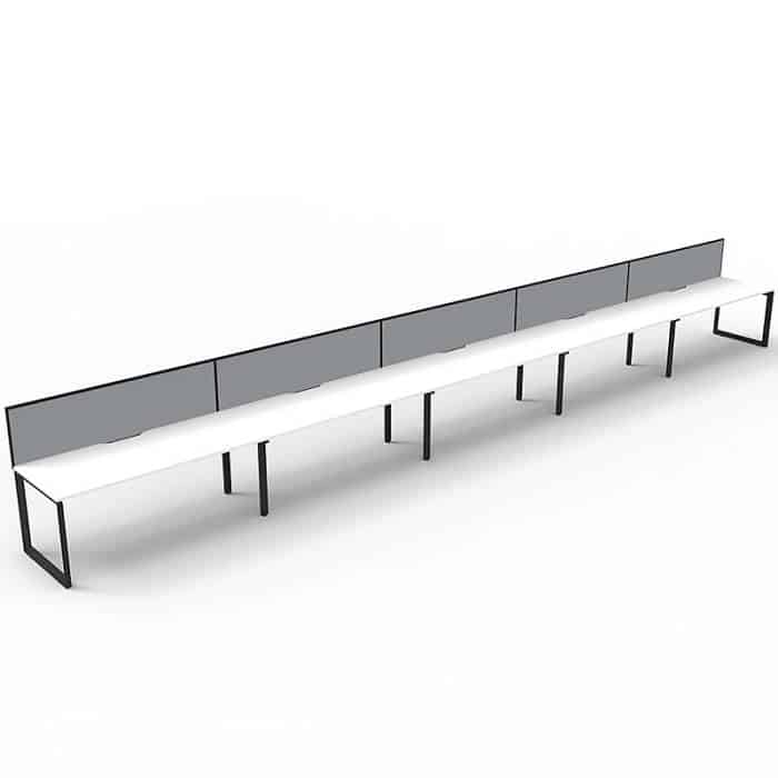 Elite Loop Leg Desk, 5 Person In-Line, Natural White Desk Tops, Black Under Frame, with Grey Screen Dividers
