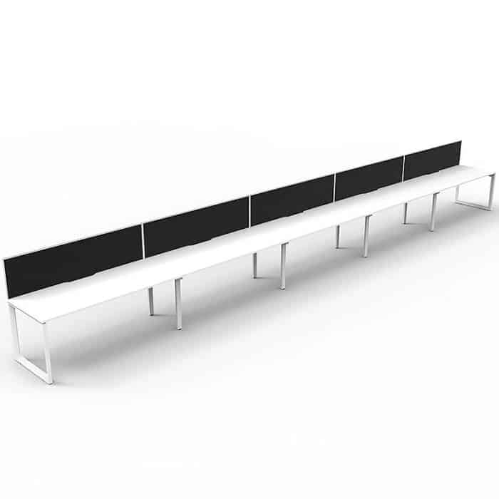 Elite Loop Leg Desk, 5 Person In-Line, Natural White Desk Tops, White Under Frame, with Black Screen Dividers