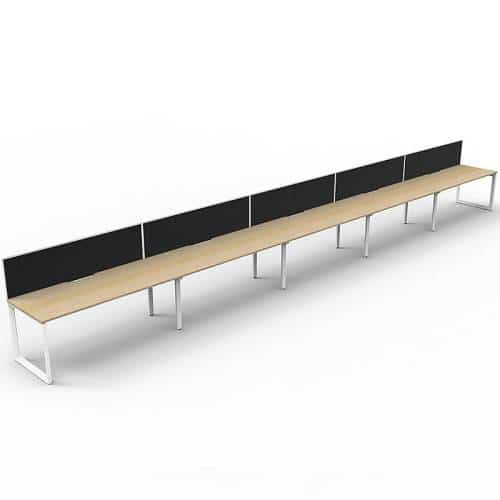 Elite Loop Leg Desk, 5 Person In-Line, Natural Oak Desk Tops, White Under Frame, with Black Screen Dividers
