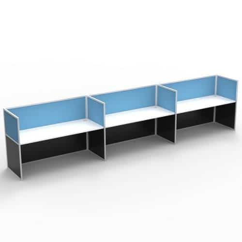 Space System Screen Hung Desk Tops, 3 Desks Inline, Blue Screens