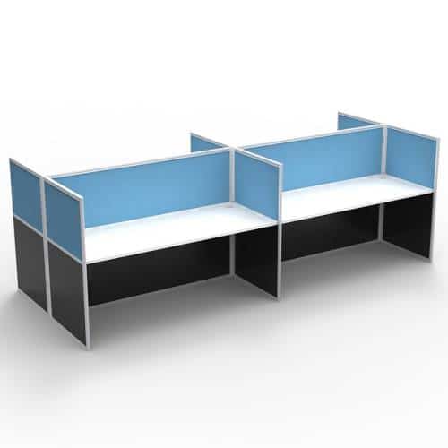 Space System Screen Hung Desk Tops, 4 Desks Back to Back, Blue Screens