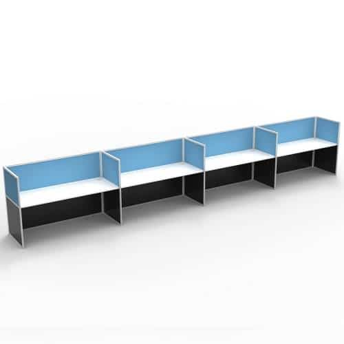 Space System Screen Hung Desk Tops, 4 Desks Inline, Blue Screens