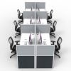 Space System Screen Hung Desk Tops, 6 Desks Back to Back, Grey Screens, End View