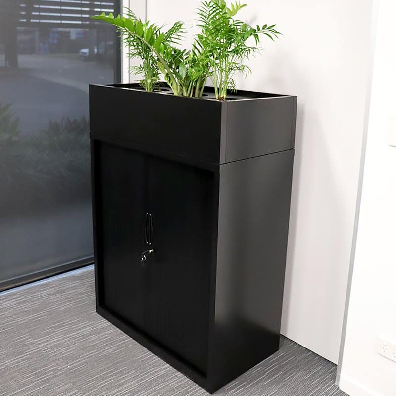 Super Strong Tambour Door Cabinet, 1200mm High, Black with Planter Box, Side View