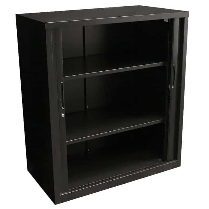 Super Strong Tambour Door Cabinet, Black, 1016mm High, Doors Open