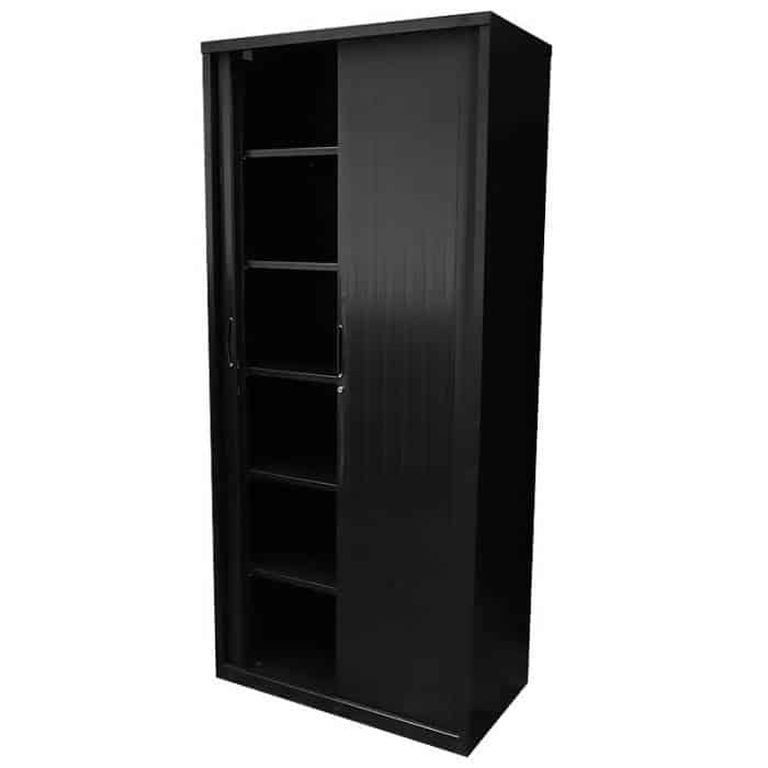 Super Strong Tambour Door Cabinet, Black, 1981mm High, 1 Door Open