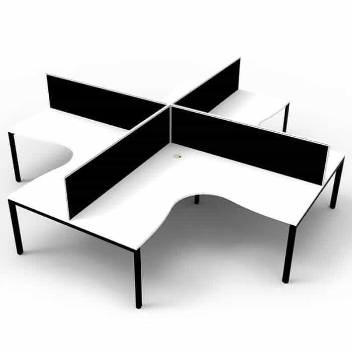 Elite 4-Way Corner Workstation, Natural White Desk Tops, Black Under Frames, with Black Screen Dividers