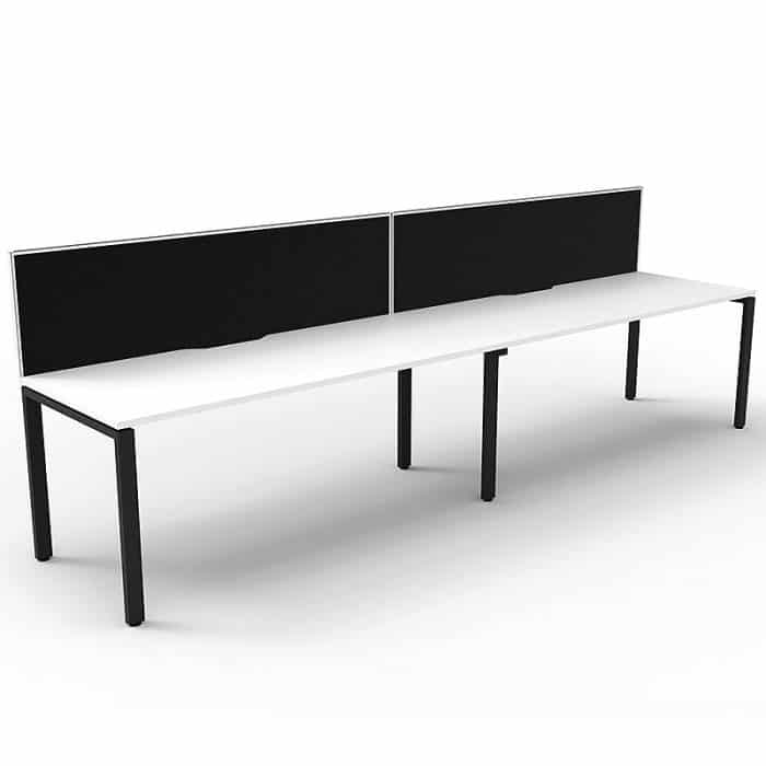 Elite Desk, 2 Person In-Line, Natural White Desk Tops, Black Under Frame, with Black Screen Dividers