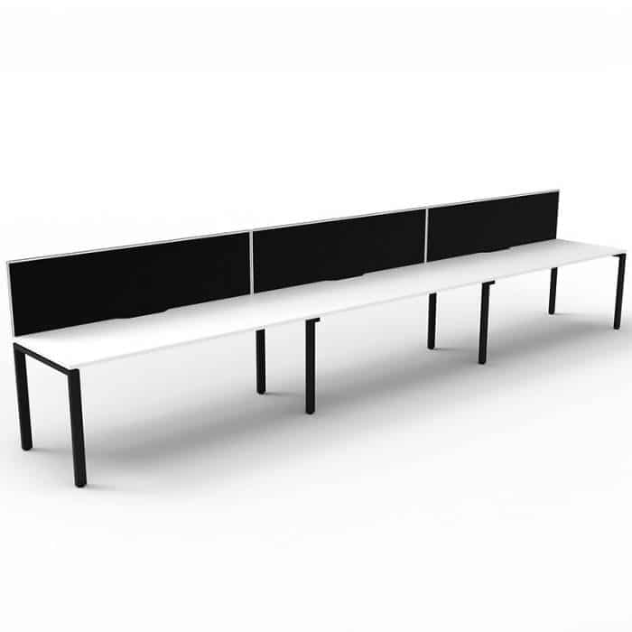 Elite Desk, 3 Person In-Line, Natural White Desk Tops, Black Under Frame, with Black Screen Dividers