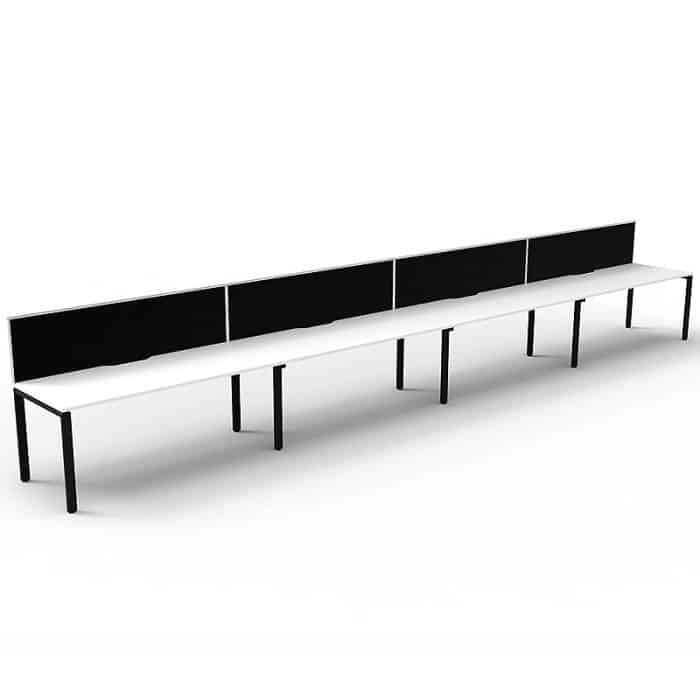 Elite Desk, 4 Person In-Line, Natural White Desk Tops, Black Under Frame, with Black Screen Dividers