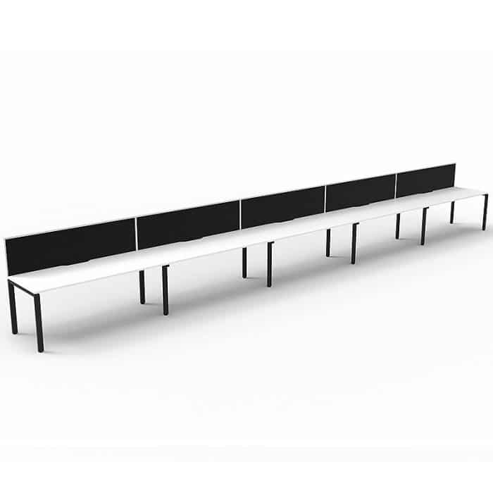 Elite Desk, 5 Person In-Line, Natural White Desk Tops, Black Under Frame, with Black Screen Dividers