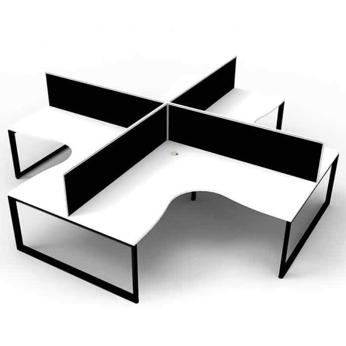 Elite Loop Leg 4-Way Corner Workstation, Natural White Desk Tops, Black Under Frames, with Black Screen Dividers