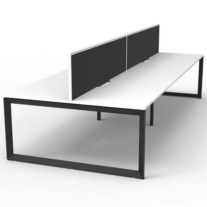 Elite Loop Leg 4-Way Desk Pod, Natural White Desk Tops, Black Under Frame, with Black Screen Divider, 2
