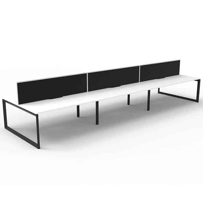 Elite Loop Leg 6-Way Desk Pod, Natural White Desk Tops, Black Under Frame, with Black Screen Divider