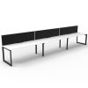 Elite Loop Leg Desk, 3 Person In-Line, Natural White Desk Tops, Black Under Frame, with Black Screen Dividers
