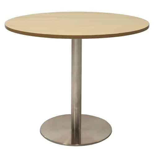 Stacey Round Meeting Table, Natural Oak Table Top, Stainless Steel Table Base