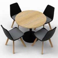 Stacey Round Meeting Table, Black Base with Natural Oak Table Top, 4 Black Deakin Chairs