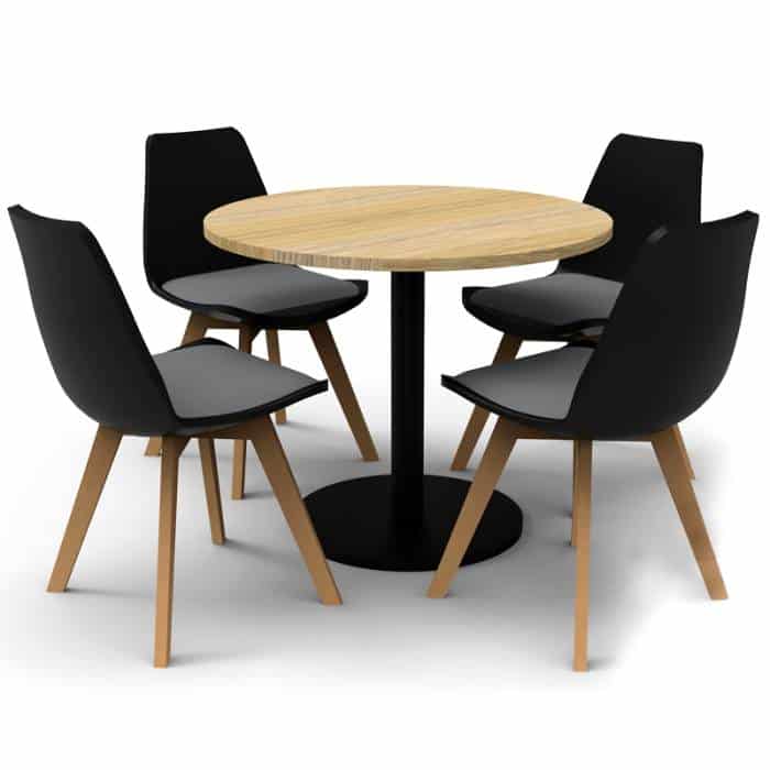 Stacey Round Meeting Table, Black Base with Natural Oak Table Top, 4 Black Deakin Chairs