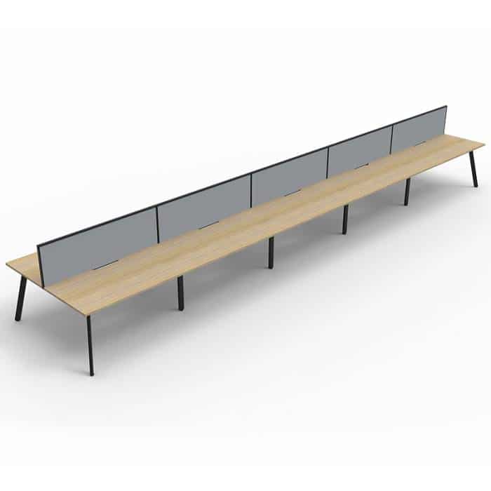 Fast Office Furniture -Enterprise 10 Back to Back Desks, Natural Oak Tops, Satin Black Frame, with Grey Screen Dividers