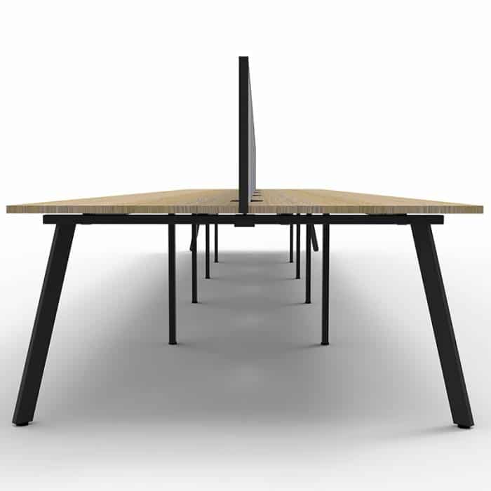 Fast Office Furniture - Enterprise 10 Back to Back Desks, Natural Oak Tops, Satin Black Frame, with Grey Screen Dividers, End View