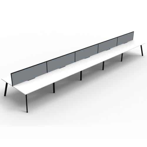 Fast Office Furniture - Enterprise 10 Back to Back Desks, Natural White Tops, Satin Black Frame, with Grey Screen Dividers