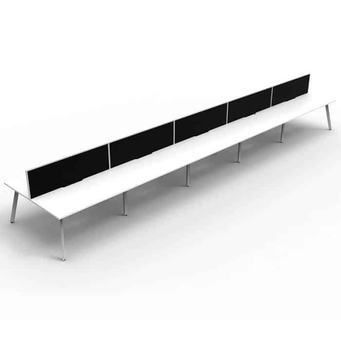 Fast Office Furniture - Enterprise 10 Back to Back Desks, Natural White Tops, Satin White Frame, with Black Screen Dividers