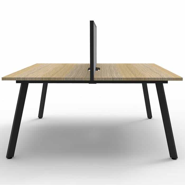 Fast Office Furniture - Enterprise 2 Back to Back Desks, Natural Oak Tops, Satin Black Frame, with Grey Screen Dividers, End View