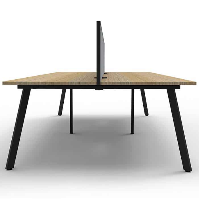 Fast Office Furniture - Enterprise 4 Back to Back Desks, Natural Oak Tops, Satin Black Frame, with Grey Screen Dividers, End View