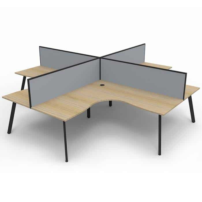 Fast Office Furniture - Enterprise 4-Way Corner Workstation, Natural Oak Tops, Satin Black Frame, with Grey Screen Dividers